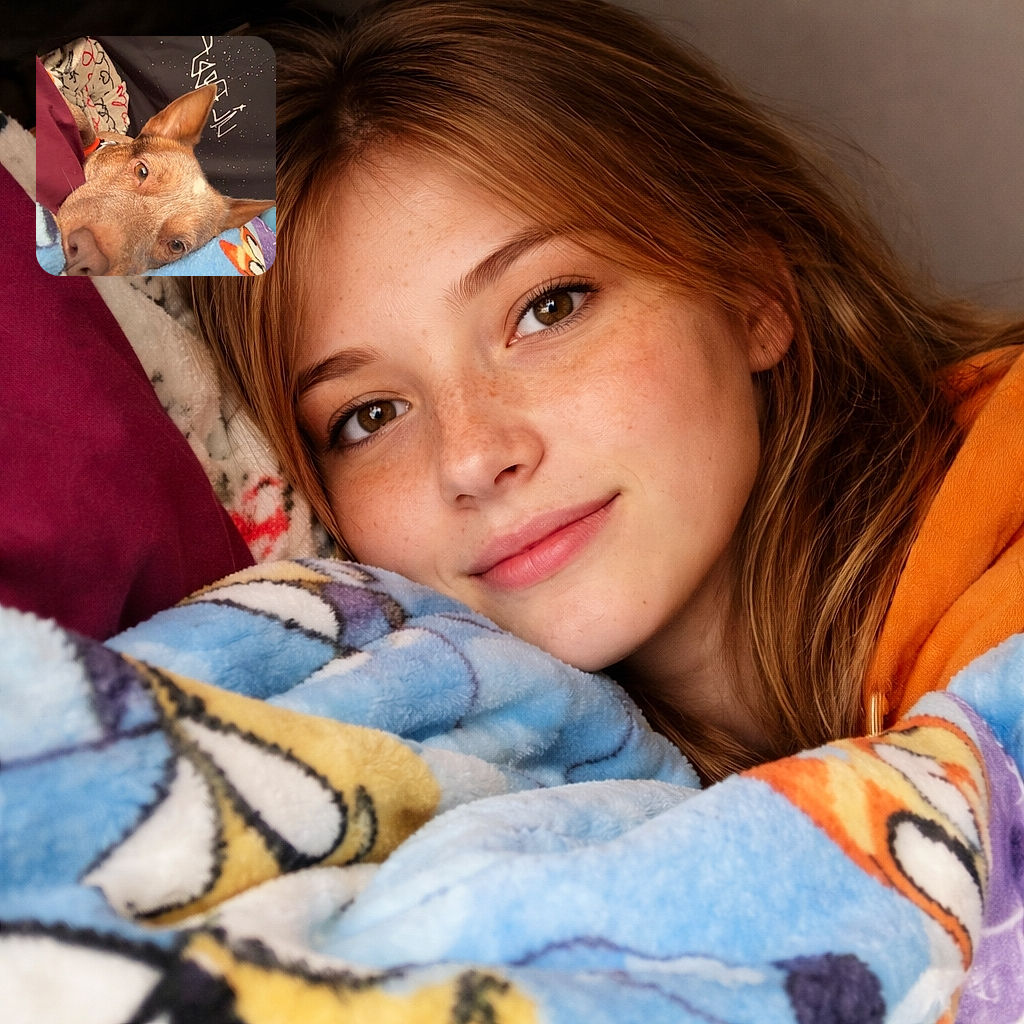 A sleepy brown dog burrowed under colorful fleece blankets stares up like it was rudely woken for portrait duty — one ear proudly erect, nose nearly touching the camera, with a patterned comforter and a fan peeking in the background creating a cozy, chaotic bedroom vibe.