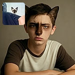 A slightly blurry photo of a Siamese cat peeking over a dark surface with a plain light background, creating a mysterious yet curious vibe.