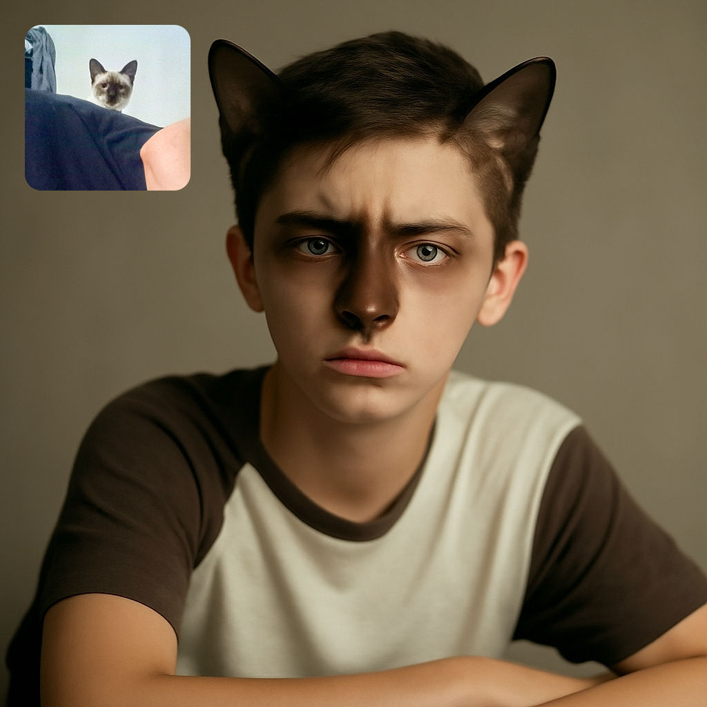 A slightly blurry photo of a Siamese cat peeking over a dark surface with a plain light background, creating a mysterious yet curious vibe.