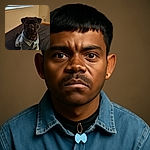 A charming black pug wearing a denim jacket sits on a bed, looking curiously at the camera with its adorable underbite and shiny eyes. The background shows a window with blinds and a beige wall, creating a cozy indoor setting.