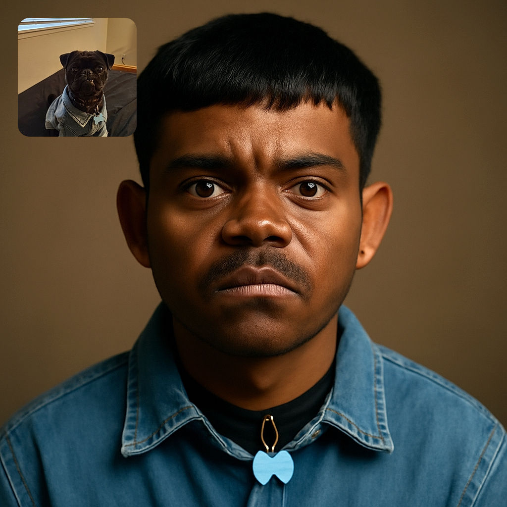 A charming black pug wearing a denim jacket sits on a bed, looking curiously at the camera with its adorable underbite and shiny eyes. The background shows a window with blinds and a beige wall, creating a cozy indoor setting.
