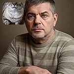 A close-up photo of a fluffy tabby cat with striking blue eyes, resting calmly on a textured brown mat. The cat's fur patterns and whiskers are detailed and the background is softly blurred, focusing attention on the feline's serene expression.