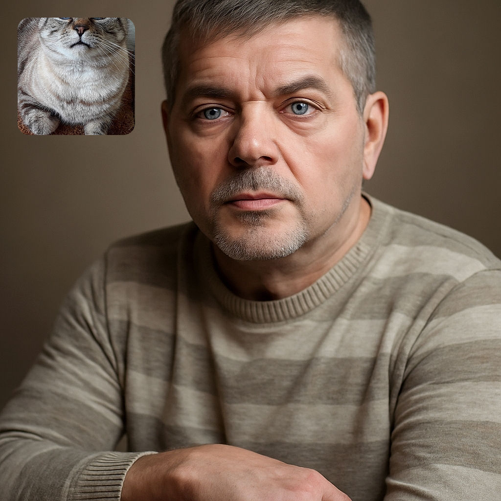 A close-up photo of a fluffy tabby cat with striking blue eyes, resting calmly on a textured brown mat. The cat's fur patterns and whiskers are detailed and the background is softly blurred, focusing attention on the feline's serene expression.