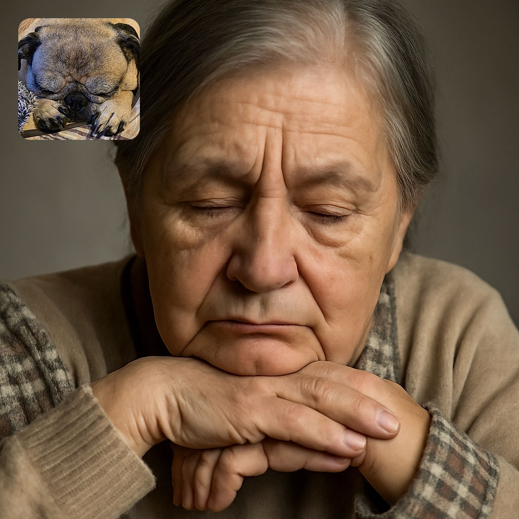 A close-up photo of a sleepy pug with its face squished between its paws, resting peacefully on a cozy blanket. The details of the fur and wrinkles are clear, making the dog look adorably grumpy even in sleep.