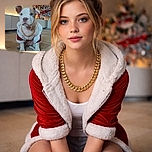 A charming puppy dressed in a festive Santa outfit with a flashy gold chain sits attentively on a cozy carpet, with a beautifully decorated Christmas tree glowing softly in the background, spreading holiday cheer.