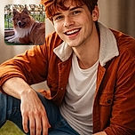A fluffy, happy dog lounges on green artificial grass with a charming smile, framed by a leafy vine-covered fence and a beautiful sunset sky in the background.