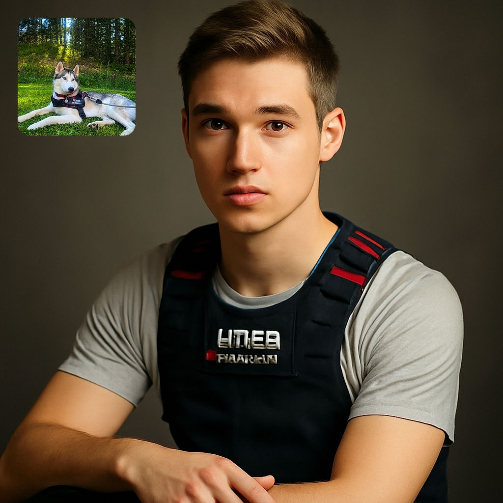 A majestic Siberian Husky named Fenrir lounges on lush green grass in a sun-dappled forest clearing, sporting a harness with its name and phone number. The dog's piercing blue eyes gaze off into the distance, surrounded by vibrant wildflowers and tall trees, creating a serene and natural outdoor scene.