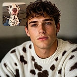A wide-eyed Dalmatian leans dramatically toward the camera, presenting its enormous pink nose like a furry close-up celebrity demanding immediate treats. The spotted dog sits proudly on a blue blanket atop a couch, with a cozy indoor background.