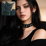 A mysterious black cat with a lightning bolt collar stares intensely at the camera, its sleek fur contrasting with the softly lit ceiling tiles in the background, giving off a vibe of feline seriousness and subtle charm.