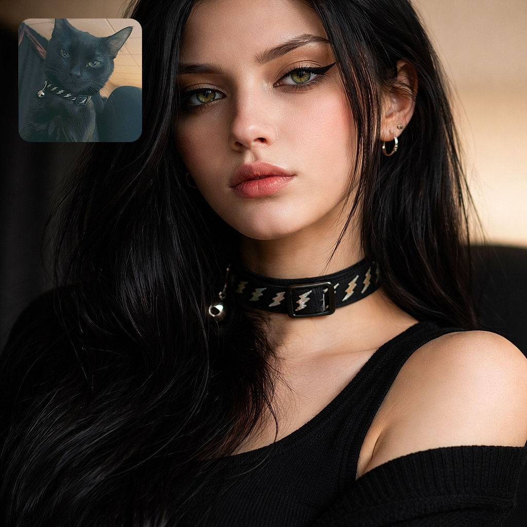 A mysterious black cat with a lightning bolt collar stares intensely at the camera, its sleek fur contrasting with the softly lit ceiling tiles in the background, giving off a vibe of feline seriousness and subtle charm.