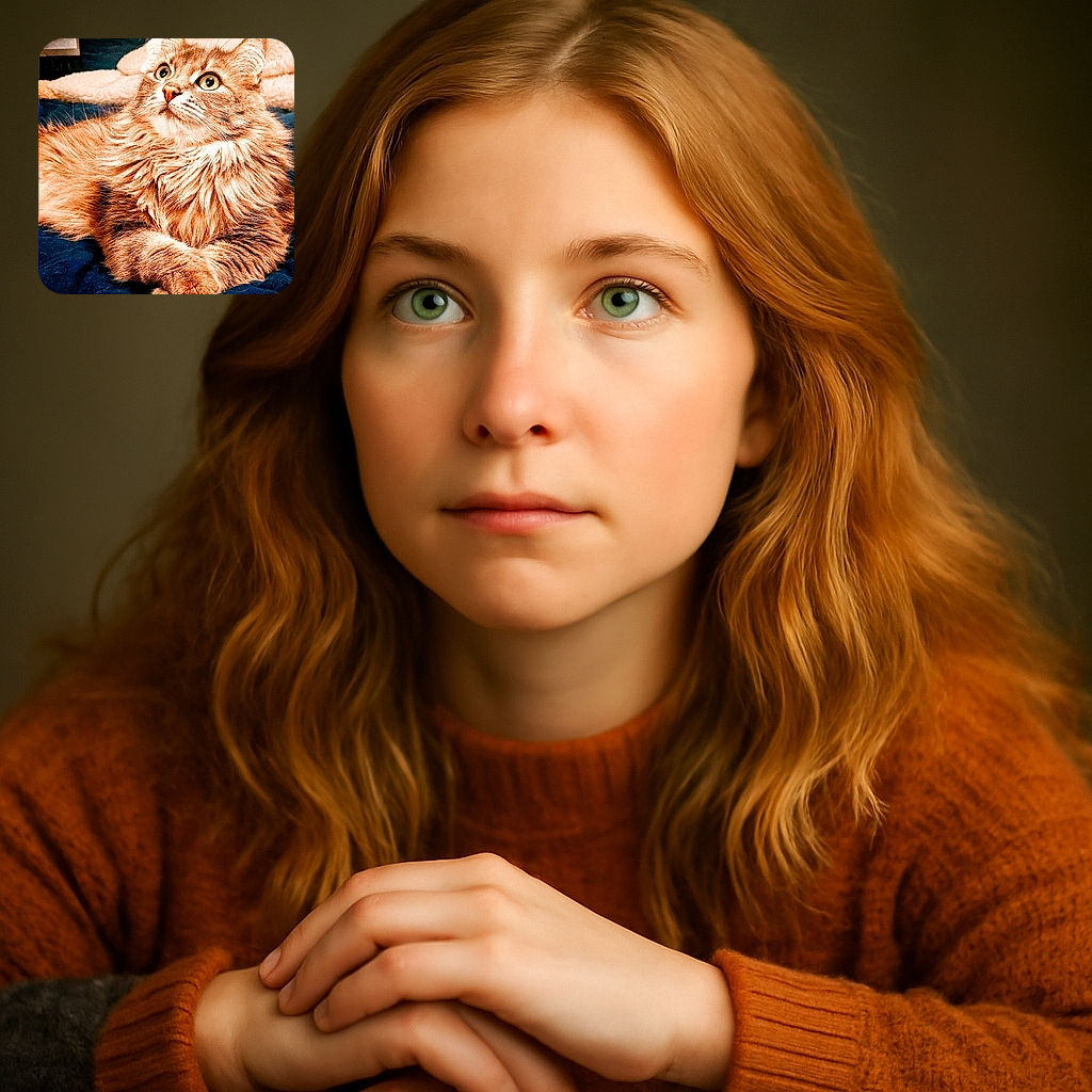 A majestic fluffy orange cat lounges elegantly with its paws crossed, eyes wide and alert, looking off into the distance as if contemplating the mysteries of the universe. The cozy blanket in the background adds to the warm, homey vibe.