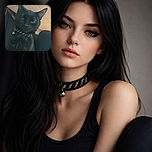 A mysterious black cat with a lightning bolt collar stares down the camera with an intense, almost mischievous glare under a softly lit ceiling. The background is dim, adding to the cat's enigmatic vibe.