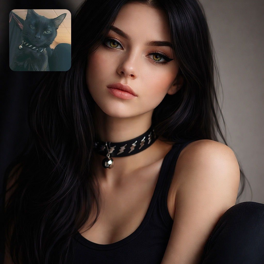 A mysterious black cat with a lightning bolt collar stares down the camera with an intense, almost mischievous glare under a softly lit ceiling. The background is dim, adding to the cat's enigmatic vibe.