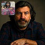 A fluffy black and tan dog lounges comfortably on a colorful plaid blanket, looking attentively at the camera with soulful eyes, surrounded by cozy indoor home elements.