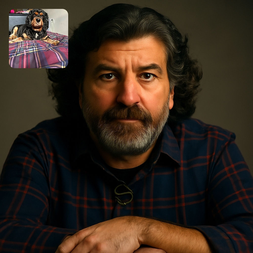 A fluffy black and tan dog lounges comfortably on a colorful plaid blanket, looking attentively at the camera with soulful eyes, surrounded by cozy indoor home elements.