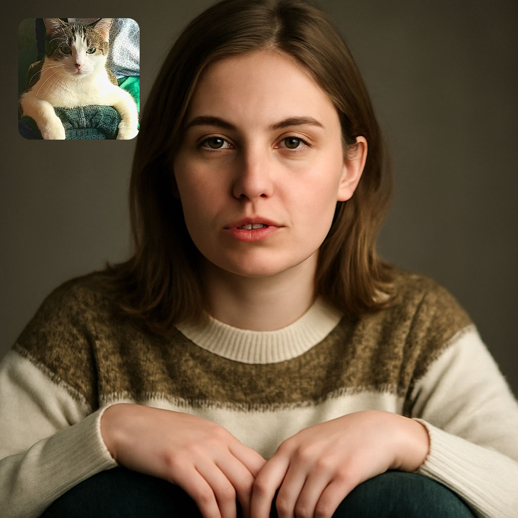 A regal tabby and white cat lounges with its paws draped over a textured green surface, staring intently with calm green eyes. The soft light highlights its fluffy fur and the patterned fabric in the background adds a cozy touch.