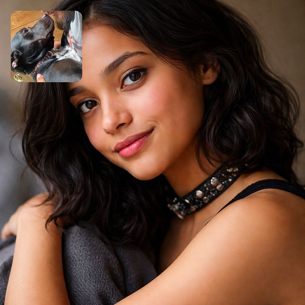A tender, goofy close-up of a bearded man and his black dog having a nose-to-nose moment — the pup wearing a skull-print collar, a tattooed hand cradling the dog, and wood-paneled walls plus a lamp in the background. Looks like a slow-motion rom-com scene where both leads agree cuddles are mandatory.