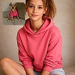 A charming dog wearing a bright pink hoodie sits attentively on a beige couch, looking straight at the camera with a curious expression. The cozy setting is completed by a large brown cushion in the background.
