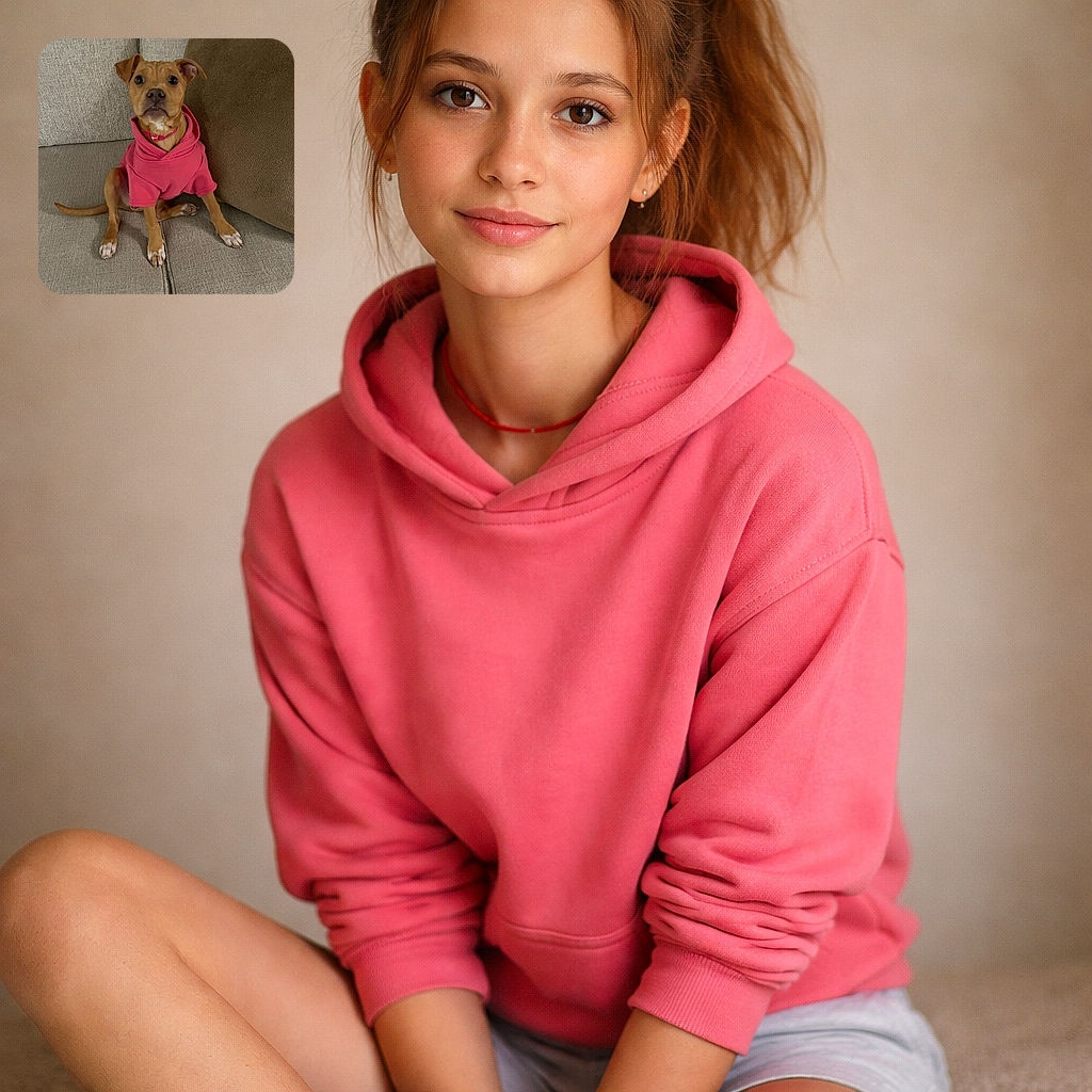 A charming dog wearing a bright pink hoodie sits attentively on a beige couch, looking straight at the camera with a curious expression. The cozy setting is completed by a large brown cushion in the background.