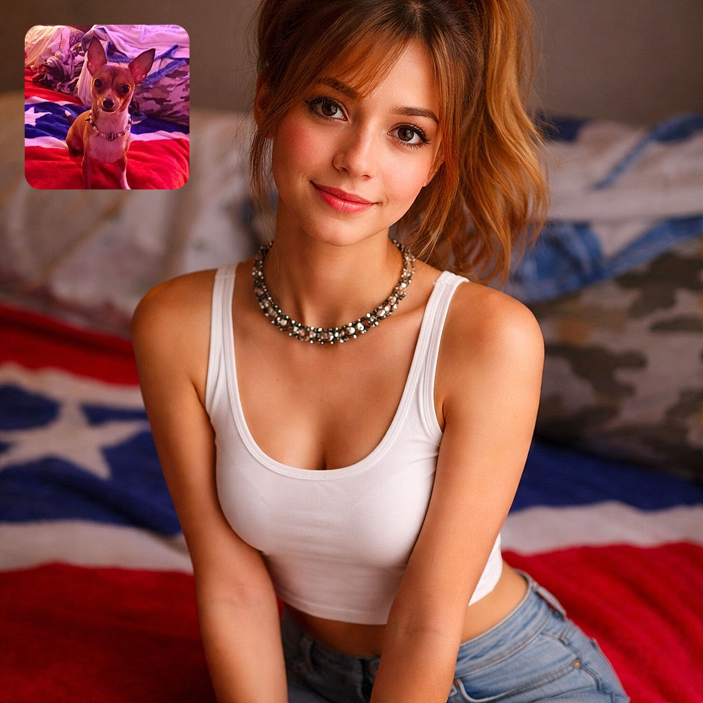 A tiny, alert chihuahua strikes a regal pose on a rumpled bed covered with colorful blankets—big ears up, shiny eyes locked on the camera, and a spiky collar that says 'I'm fashionable and tiny.' The warm, purple-tinted lighting gives the scene a cozy, late-night vibe.