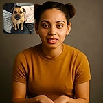 A small tan dog with a slightly goofy expression and tongue peeking out sits on a black couch surrounded by pillows, looking up at the camera with big, soulful eyes.