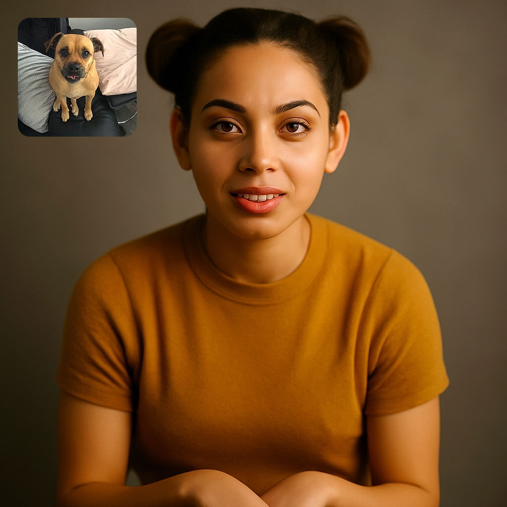 A small tan dog with a slightly goofy expression and tongue peeking out sits on a black couch surrounded by pillows, looking up at the camera with big, soulful eyes.