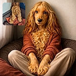 A fluffy golden dog sits upright on a couch, leaning against the wall with a slightly serious expression, surrounded by cozy blankets and pillows near a softly lit window.