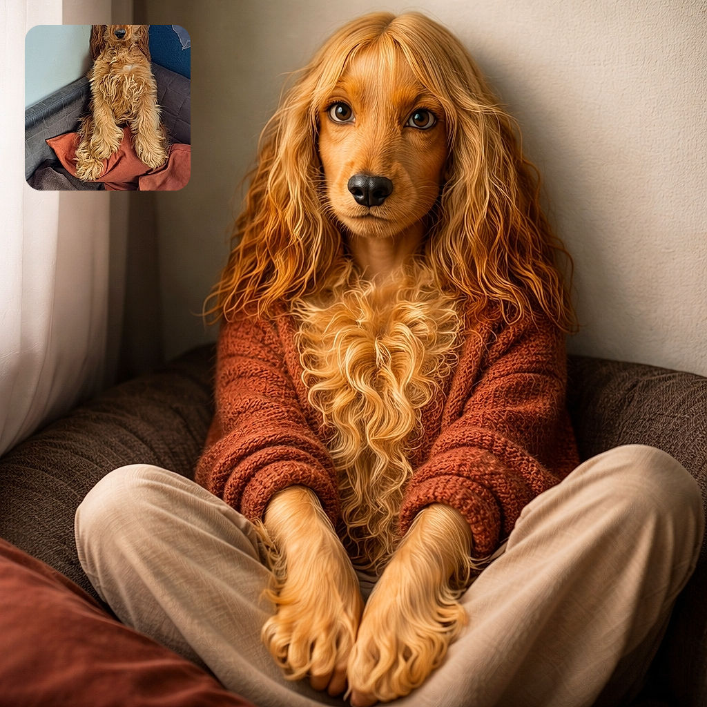 A fluffy golden dog sits upright on a couch, leaning against the wall with a slightly serious expression, surrounded by cozy blankets and pillows near a softly lit window.