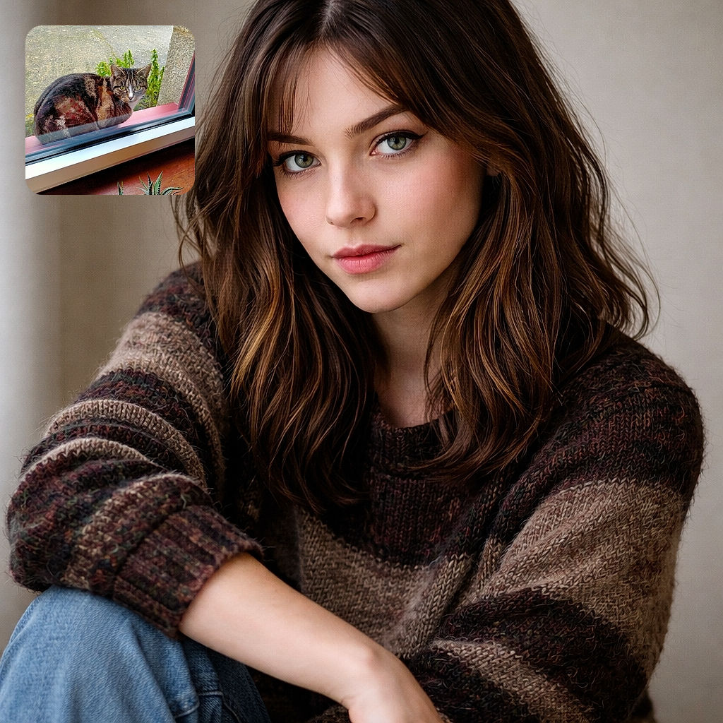 A sassy tabby cat sits on the outside windowsill, staring through the glass with an expression that says 'bring snacks or prepare to be judged.' The window reflection, a bit of pavement and greenery behind, and a succulent in the foreground complete this cozy domestic spy portrait.
