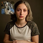 A charming dog with a unique coat pattern and one eye partially closed is resting its paws on a soft brown blanket, looking up with a curious and gentle expression in a cozy room with shelves and wooden furniture in the background.