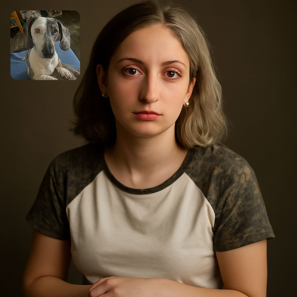 A charming dog with a unique coat pattern and one eye partially closed is resting its paws on a soft brown blanket, looking up with a curious and gentle expression in a cozy room with shelves and wooden furniture in the background.