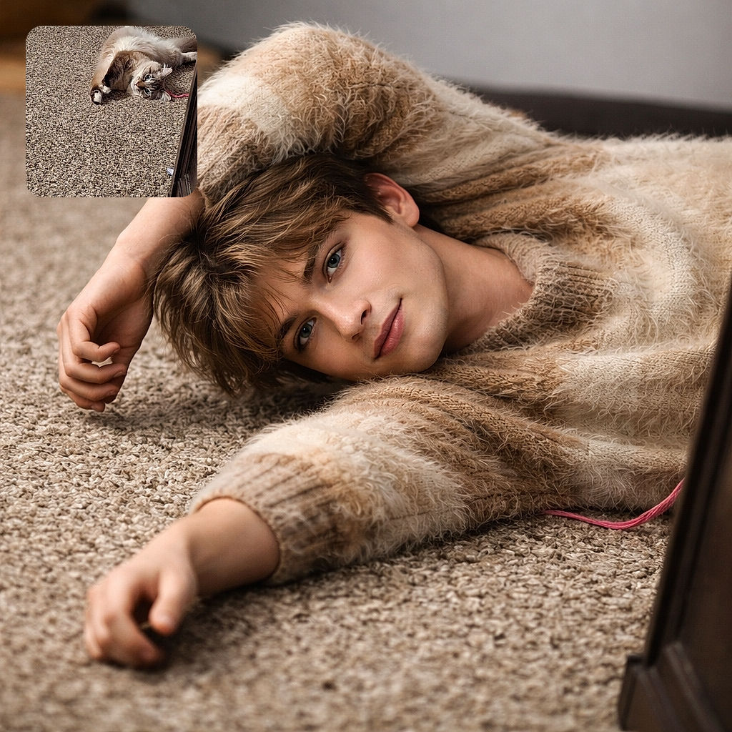 A fluffy, blue-eyed cat is dramatically sprawled on the carpet like it owns the place, one paw curled and a pink string nearby — clearly in the middle of an elegant nap/play hybrid.