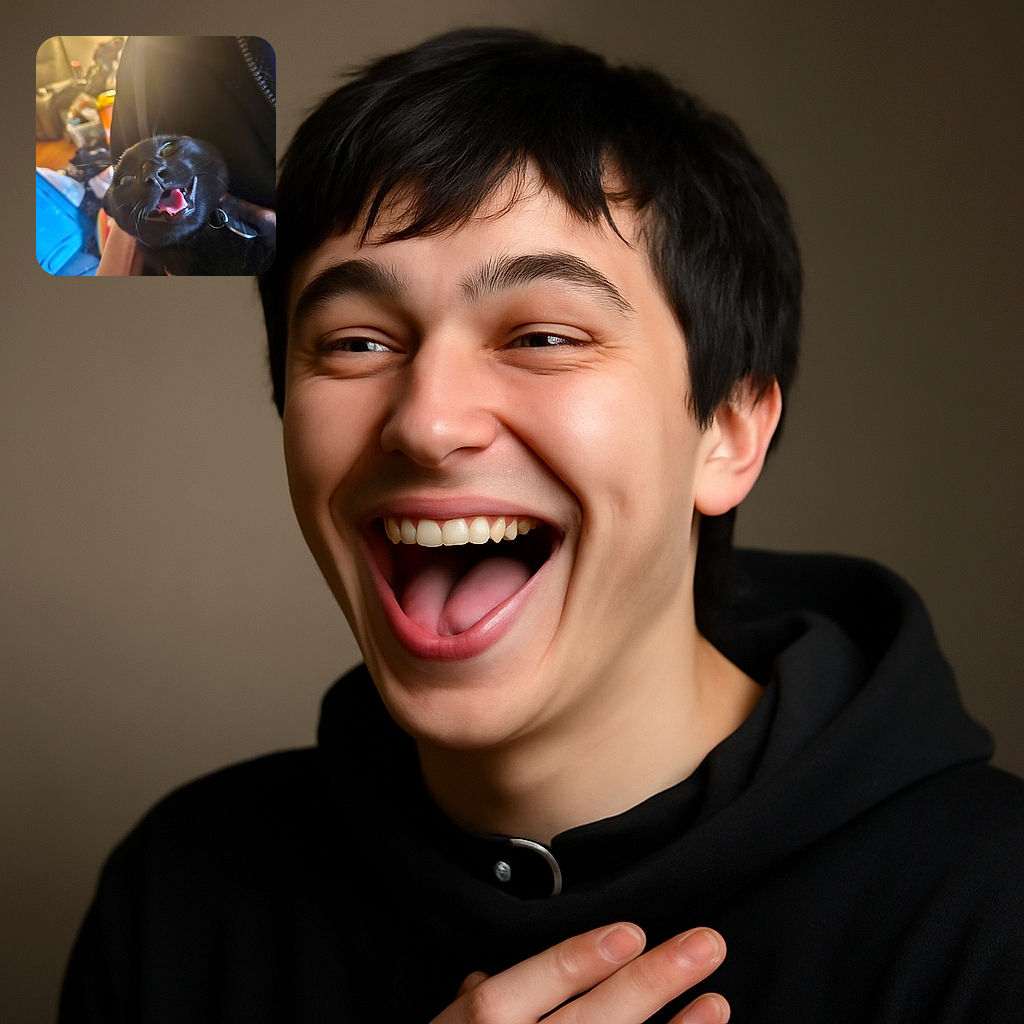 A playful black cat making a goofy face with its tongue out, held gently by a person. The background is cluttered and softly lit, adding a cozy but chaotic vibe to the moment.