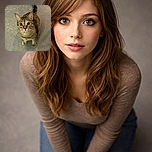A curious tabby cat looks up with wide, shiny eyes, sitting on a textured gray floor, its tail curled up behind it like a question mark.