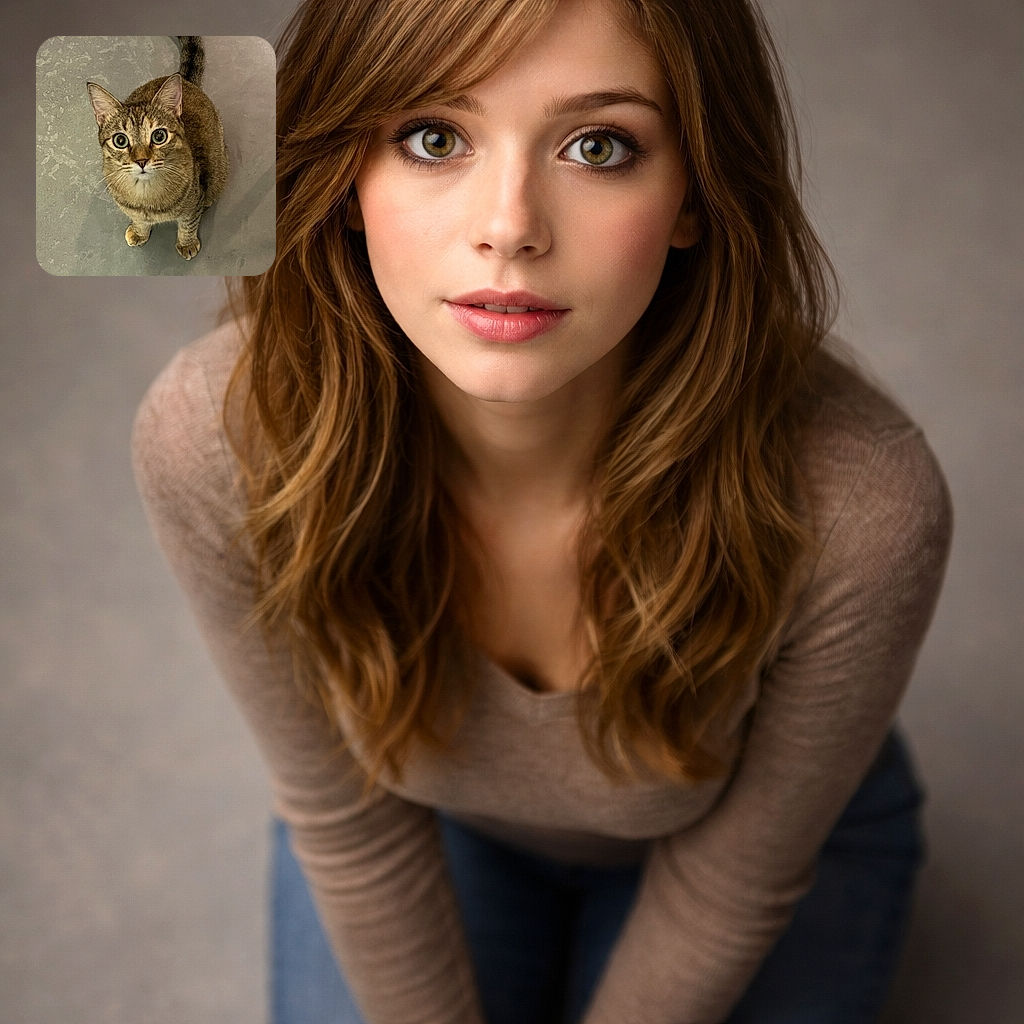 A curious tabby cat looks up with wide, shiny eyes, sitting on a textured gray floor, its tail curled up behind it like a question mark.