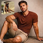 A relaxed brown boxer dog is lounging against a textured wall in bright sunlight, tongue out as if enjoying a sunny day siesta, with a small potted plant on a stand nearby adding a touch of greenery.
