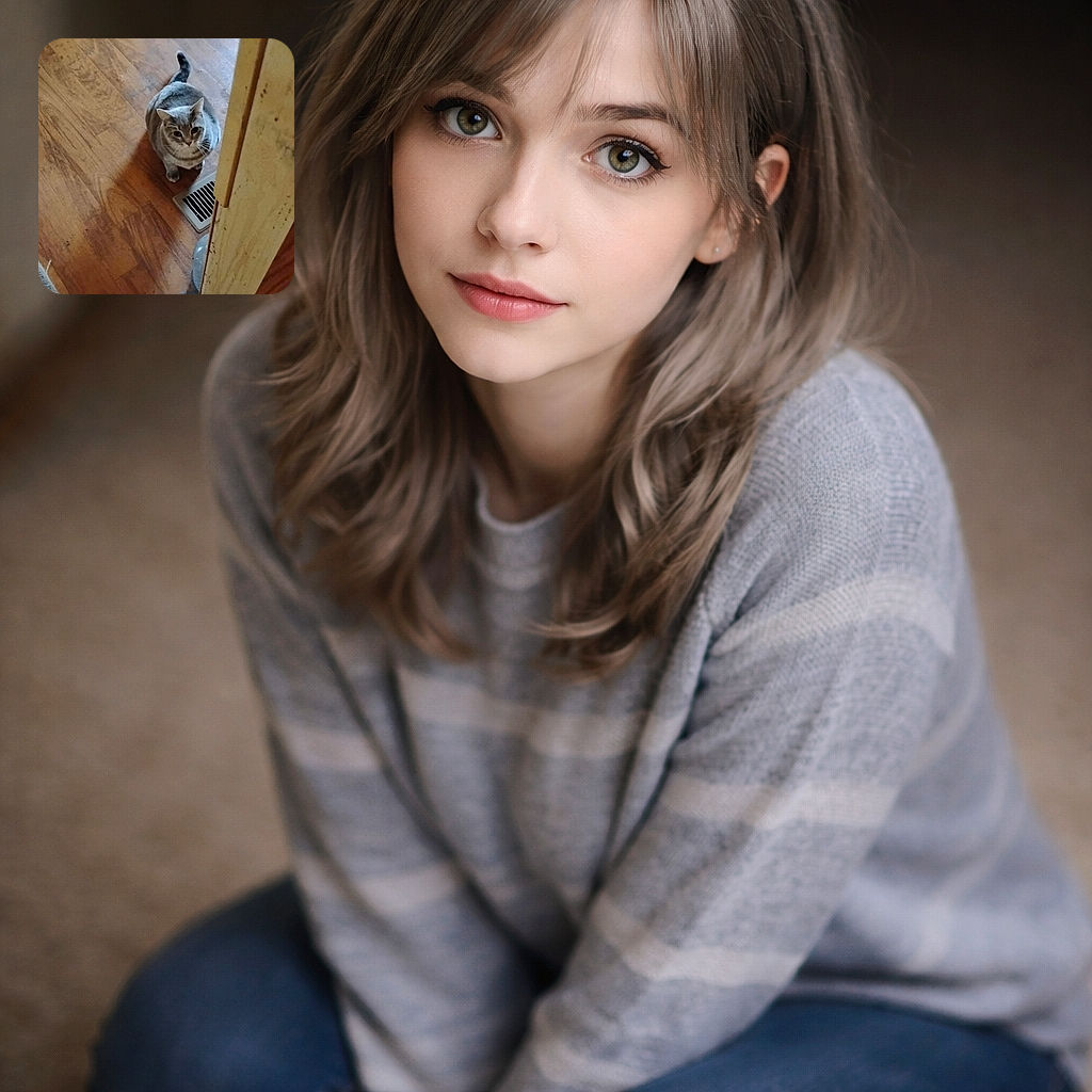 A chubby gray cat sits on a hardwood floor looking up with wide, accusatory eyes — part detective, part snack negotiator. A worn toy sneaker and a floor vent occupy the crime-scene props while the doorframe provides dramatic framing for this feline standoff.