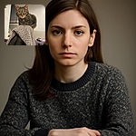 A curious tabby cat perches elegantly on the back of a chair draped with a cozy patterned blanket, staring directly at the camera with wide green eyes, set against a softly lit indoor background with a suitcase visible.