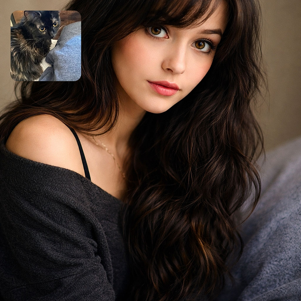 A fluffy tortoiseshell cat with striking yellow eyes peers curiously at something off-camera, nestled next to a cozy grey blanket with a wooden backdrop adding warmth to the scene.
