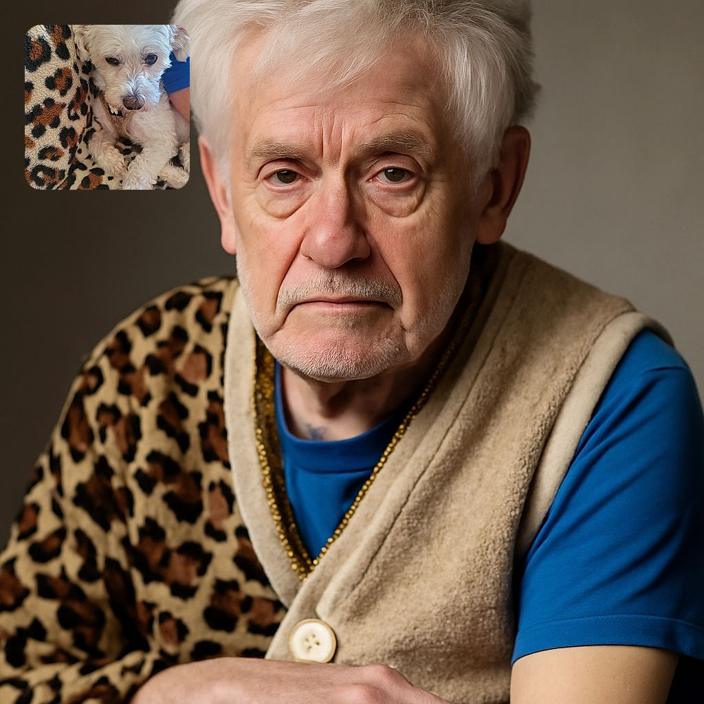 A fluffy white dog with soulful eyes lounges comfortably on a cozy leopard-print blanket, looking like it's plotting its next nap or snack while enjoying some human company.