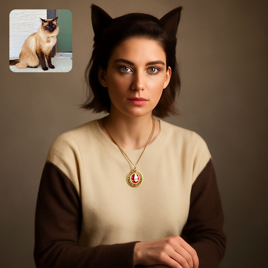 A majestic Siamese cat with striking blue eyes sits gracefully on a concrete floor, wearing a shiny ESA tag. The textured white wall and green door in the background add a subtle contrast to the cat's rich fur colors, making it look like a furry little guardian of the doorstep.