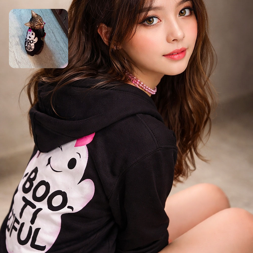 A wide-eyed tabby wearing a tiny 'boo-tiful' shirt and a pink bell looks up like it's just been caught plotting world domination — kitchen tiles, a cabinet, and a human toe complete the scene.