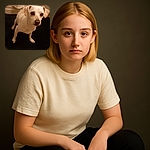 A small white dog with big eyes looks up with curiosity while standing on a black rug against a backdrop of light-colored tiles and a textured curtain. The lighting is warm but slightly dim, giving a cozy indoor vibe.