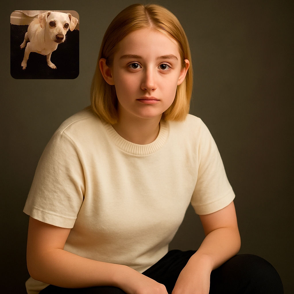 A small white dog with big eyes looks up with curiosity while standing on a black rug against a backdrop of light-colored tiles and a textured curtain. The lighting is warm but slightly dim, giving a cozy indoor vibe.