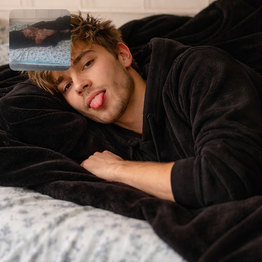 A scruffy little dog is sprawled out on a bed under a dark blanket, tongue poking out in a blissful nap — clearly dreaming of treats while the floral sheets provide a fancy audience.