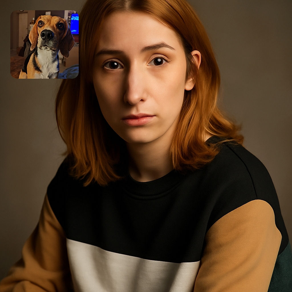 A close-up of an adorably serious beagle with soulful eyes and a shiny black nose, sitting indoors on a cozy knitted blanket with a softly blurred home background including a clock and a TV screen.