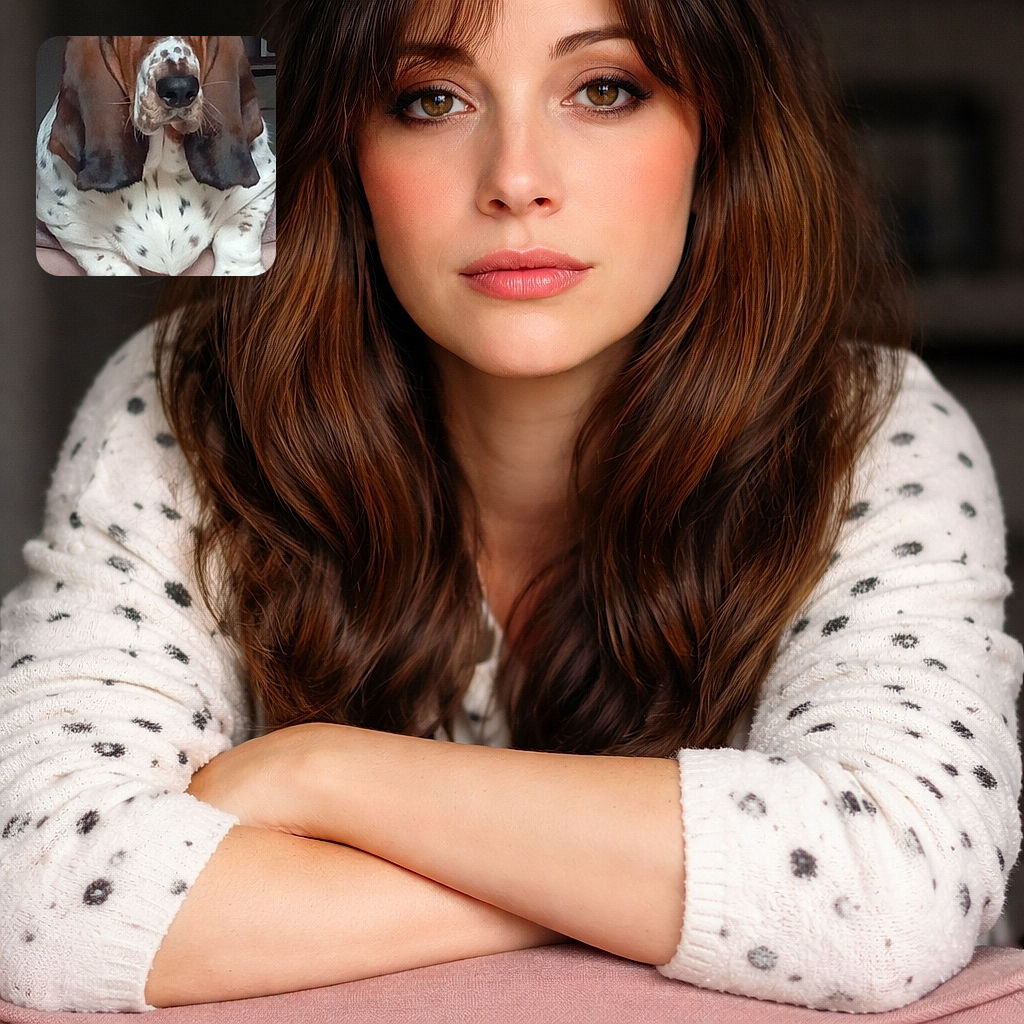 A noble basset hound stares straight at the camera with proud droopy eyes and velvet-long ears framing a spotted snout. The dog lounges with oversized front paws draped over the couch; behind it a softly lit shelf and small decor sit in the background. The expression clearly reads: 'I've perfected the art of looking both majestic and perpetually tired.'