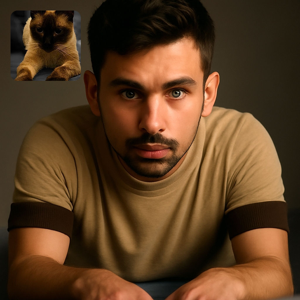 A close-up photo of a Siamese cat lying down with its paws stretched forward, its dark face contrasted against a softly blurred background, giving it a mysterious and regal vibe.