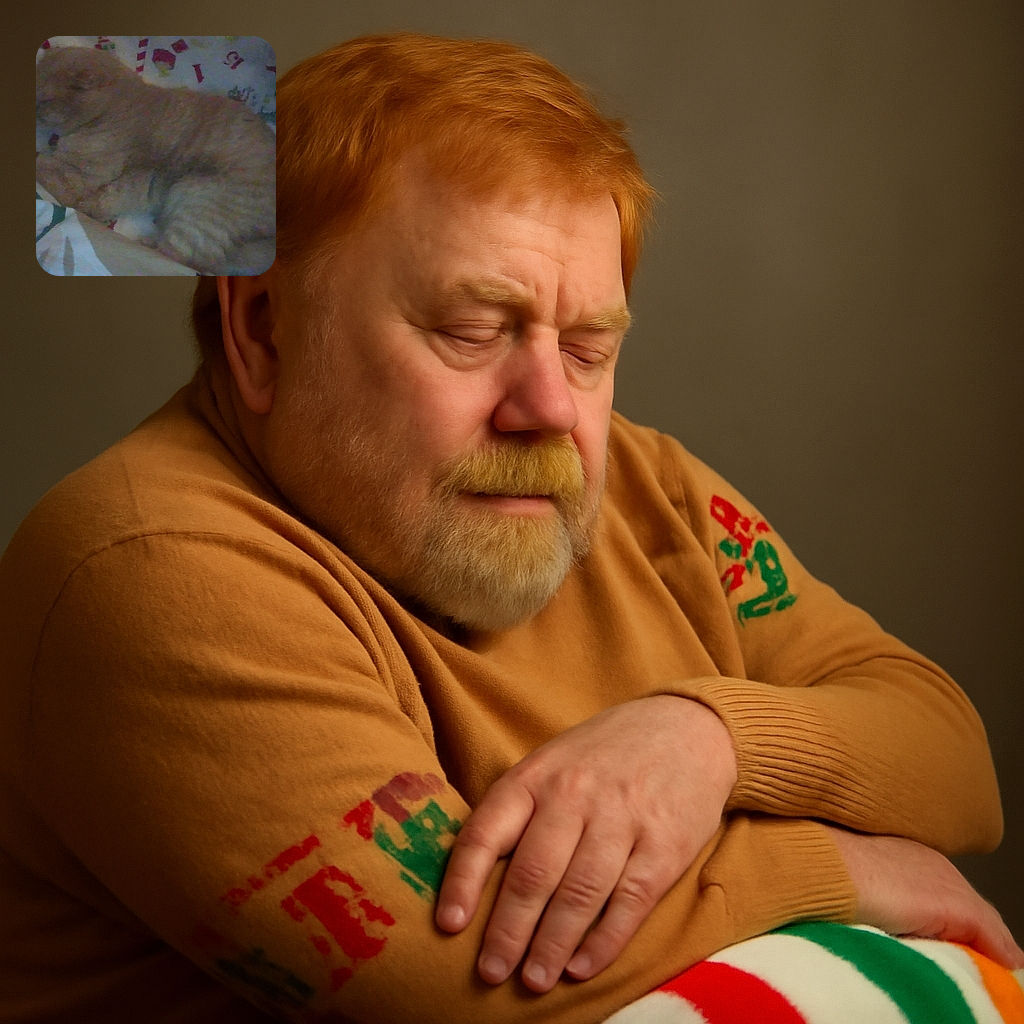 A blurry and dimly lit photo of a ginger cat curled up on a colorful patterned blanket, looking like it's ready for a nap but the camera forgot to focus.