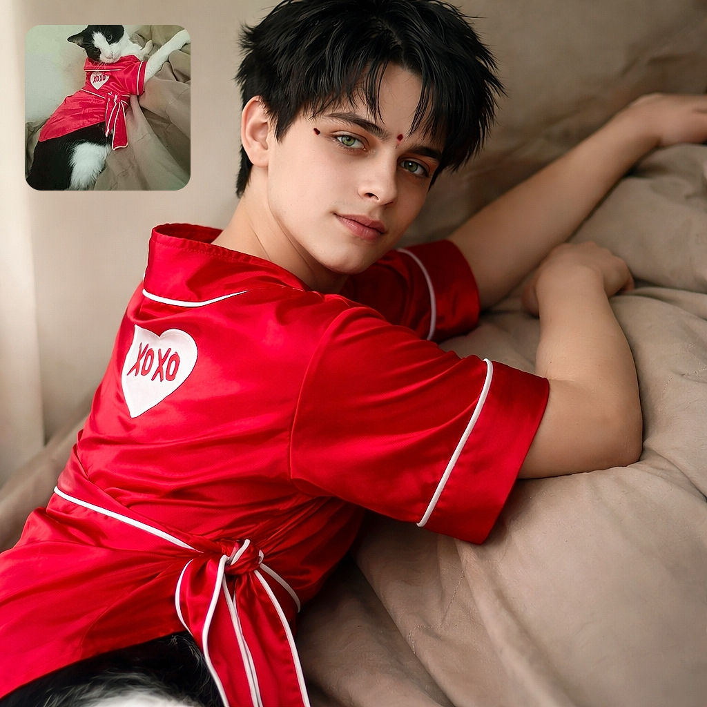 A stylish black and white cat lounging on a beige blanket, dressed in a bright red outfit with a heart that says 'XOXO', giving off major Valentine vibes and a look of mild curiosity.